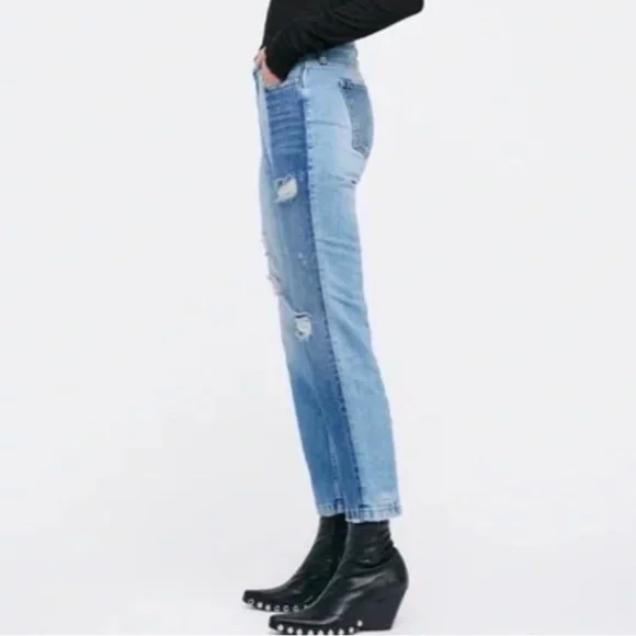 Free People Patchwork Straight Two-Toned Jeans - Picture 2 of 4